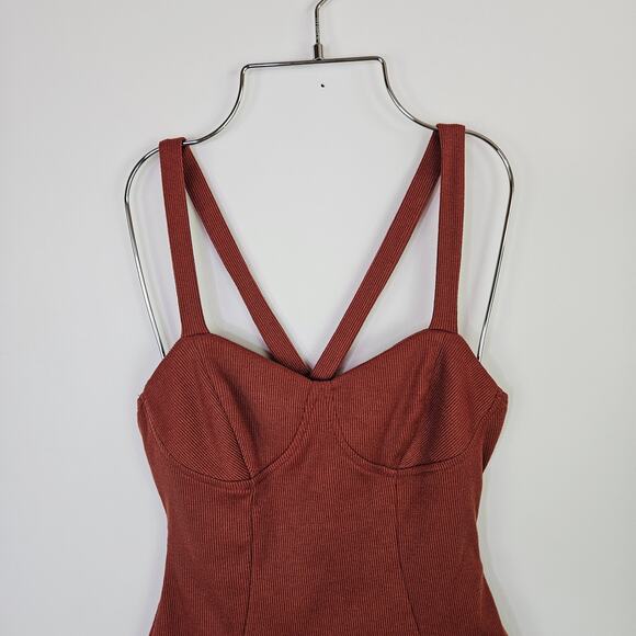 Lulus Bodysuit Medium Dusty Rose Pink Ribbed One Piece Cross Back Sleeveless - Picture 9 of 16